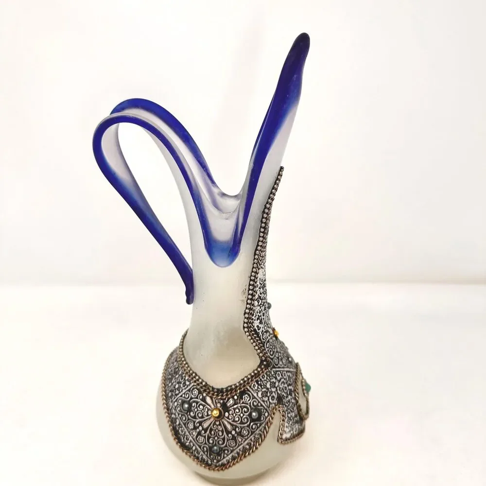 Vintage Moroccan Art Glass Vase Cobalt Blue Ruffled Hand Blown Metal Overlay Boh